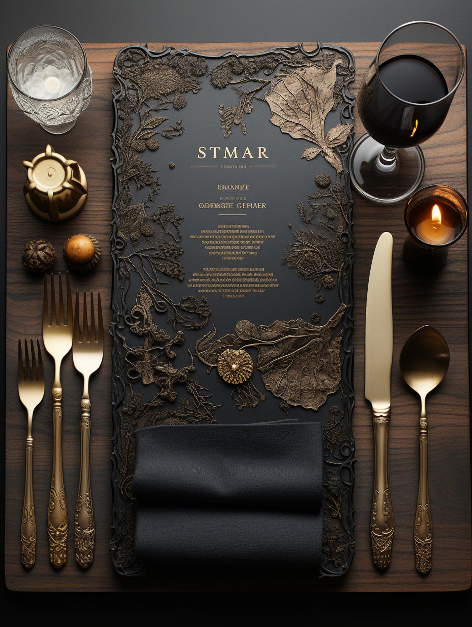 menu booklet on dark linen with gold foil